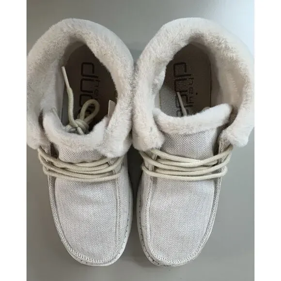 Hey Dude Women's Britt Shoes 9 Herringbone Cream Faux Fur Trim Comfort Cozy - Picture 6 of 13